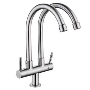 Oumu Double Kitchen Faucet Stainless Steel Flexible Two Model Sink Tap 360° Swivel Spout Wall Mounted/Pillar Mounted