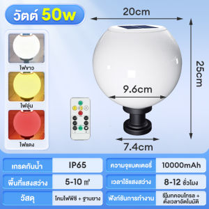 โคมไฟสวนโซลาร์เซลล์ 100W แบบหัวเสากลม โคมไฟโซล่าเซลล์หัวเสา ปรับได้ 3 สี กันน้ำ ใช้ในสวนและสวนเพื่อประดับสวยงาม Solar lawn light Solar Garden Light