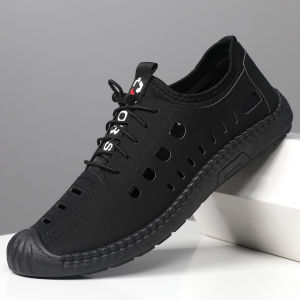Free Shipping MenS Sandals Perforated Design Soft Leather Summer Style Soft Sole Non-Slip Suitable For Outdoor Wear Closed-Toe Breathable And Casual Leather Shoes