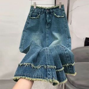 Váy Denim thiết kế đường vắt sổ lỏng khe cỡ lỡn cho eo cao nữ phụ nữ