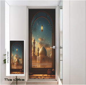 77x200cm Islamic Mosque Arch Door Sticker Ramadan Festival Vinyl Decal Removable Waterproof DIY Door Mural for Bedroom Living Room Prayer Room Home Decoration Self Adhesive Vinyl Wrap Wall Art Cover for Festival and Daily Use
