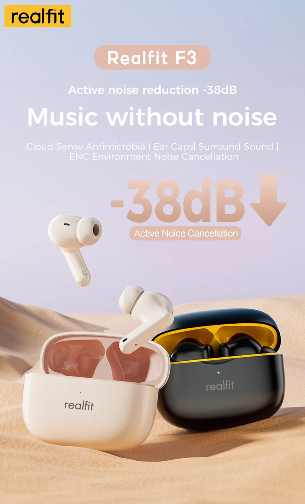 Realfit F3 หูฟังบลูทูธ -38dB ตัดเสียงรบกวน 360° Blutooth 5.4 เสียงเบสที่ดีเยี่ยม