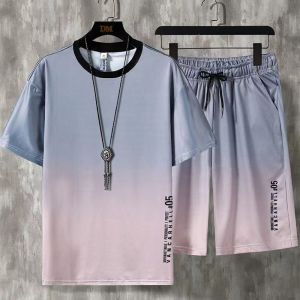 Naimo [Ice Silk Suit] Gradient Color Suit Mens Casual Sports Short-sleeved Shorts Youth Large Size Top Suit Men