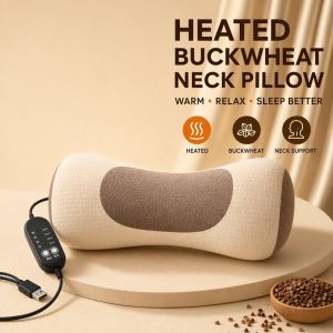 Electric Heat Cylindrical Buckwheat Pillow Cervical Support Breathable Sleep Aid Neck Pain Relief Adjustable Portable Home Use