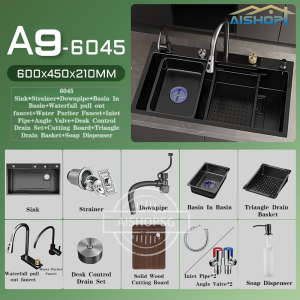 [SG Stock]Black /Silver/Grey  304 Stainless Steel Nano Kitchen Sink Waterfall Sink Single Bowl Sink With Pull Out Tap