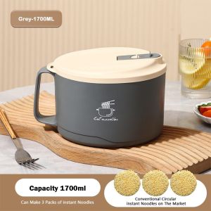 GOUPO Thép không gỉ 304 Bát mì ramen 1100/1700ml Công suất lớn Cốc súp Bền bỉ Di động Hộp cơm trưa ký túc xá cho ký túc xá văn phòng