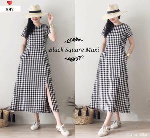 Maksi Midi Dres 597-80 Realpict LD 98 PJG 120 Bahan Katun Kotak Import Resleting Belakang Fit To L
