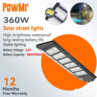 PowMr Solar Street Light 360W High Brightness Waterproof Battery 3.2V 20/25Ah Home Garden Solar Street Light 12-Month Warranty