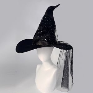 TWCEJE168 Spider Bat Pendant Halloween Witch Hat With Veil Mesh Yarn Cover Cosplay Accessories Party Headwear Bendable Wizard Cap Halloween Party