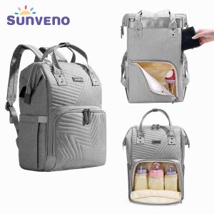 Sunveno Multifunction Diaper Bag Large Capacity Mommy Backpack Waterproof Travel Nappy Bag Quilted Fashion Maternity Bag with Front insulated Bottle Pockets