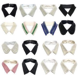 Womens Imitation Pearls Adorned Faux Collar Elegant Beaded Bib Choker Necklace Lapel Detachable Blouse Collar Accessory