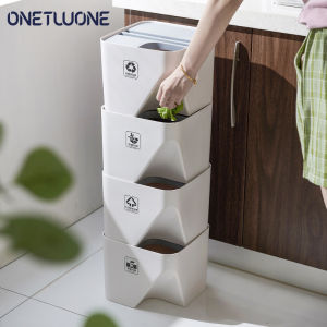 Onetwone ถังขยะจัดเก็บขยะได้อย่างสร้างสรรค์ถังขยะในครัวเรือนแบบแห้งและเปียกแยกได้พร้อมฝาปิดถังขยะแยกประเภทห้องครัวถังใส่ขยะกันน้ำในห้องน้ำอุปกรณ์ทำความสะอาด