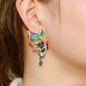 SEQUITO Vintage Golden Butterfly Colorful Cubic Zirconia Unique Women Piercing Symmetrical Big Stud Earring Jewelry Gift SE451