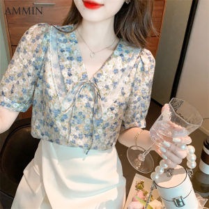 AMMIN 2022 Summer New Floral Doll Collar Bow Chiffon Shirt For women Korean Style Fashion Loose Versatile Short Sleeve Lace Stitched Floral Chiffon Top