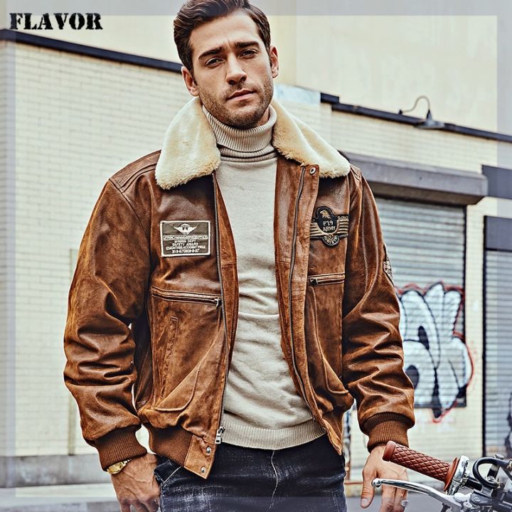 FLAVOR%20New%20Men's%20Real%20Leather%20Bomber%20Jacket%20with%20Removable%20F%20-%20Image%202