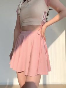 Màu Hồng Băng Mini váy phụ mỏng lỏng lẻo một hình mẫu đàn hồi vòng eo màu rắn giản dị thời trang Hàn Quốc phong cách preppy