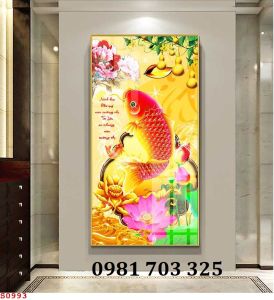 Tranh gạch 3D đẹp cá chép và hoa