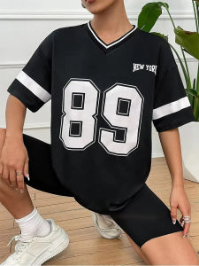 2025 New WomenS V-Neck Plus Size Football Jersey T-Shirt Loose Harajuku Sportswear New York 89 Printed Short Sleeved Y2k Top
