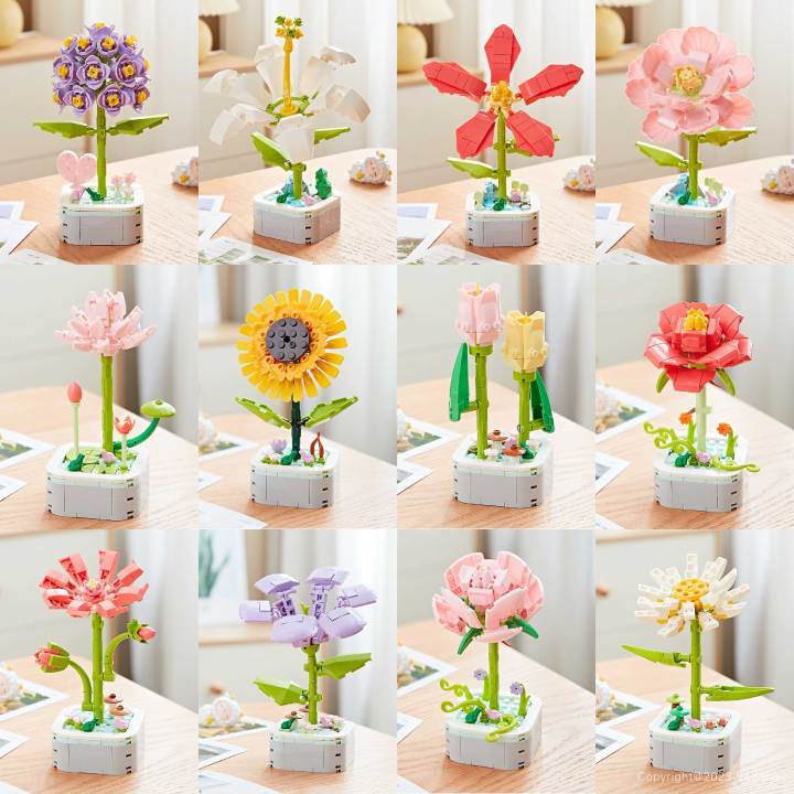 Blok Binaan Cute Block 3D Flower Top Boy Girl Gift flower potted plant ...