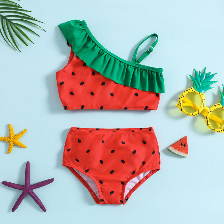 Summer Toddler Girls Watermelon Printed Ruffles Two Piece Swimwear