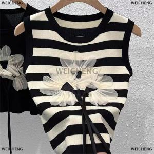 [COD] WEICHENG Summer Fashion Chic Flower Knitted Vest Women Round Neck Sleeveless Striped Tank Top