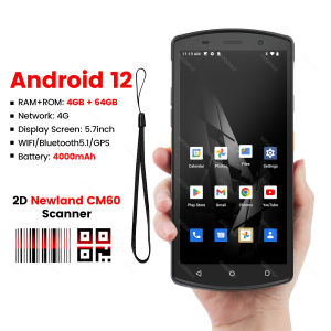 5.7 Inch Android 12 Handheld PDA Terminal with Black Lanyard Barcode Scanner 1D/2D QR Code 4G WiFi Bluetooth NFC Support for Google Store RAM4G ROM64G 4000mAh