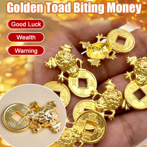 [Fortune-Boosting] Golden Toad Biting a Copper Coin Keychain Attracts Wealth and Treasure Durable Gold Lucky Charm for Improving Wealth