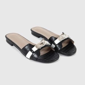 [Free Shipping] Small Gold Buckle Crocodile Pattern Open-Toe Flat Sandals For Women 2026 New Model Soft-Soled Beach Half-Slippers