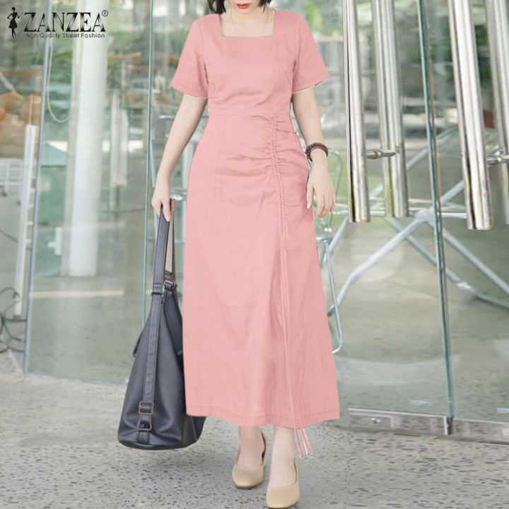 ZANZEA Korean Style Women New Fashion Square Neck Dresses Raglan Sleeve  A-Line Drawstring Midi Solid Dress #0303