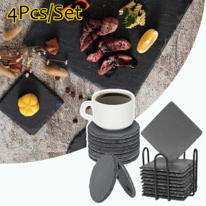4Pcs/Set Black Slate Stone Coaster Plate for Coffee Tea with 4 Shape Optional