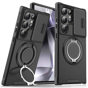 KISSCASE Armor Push Window Lens Protection Phone Case For Samsung S24 S23 S22 S21 Ultra Plus With Rotating Bracket Stand Hard PC Anti-fall Shockproof Back Cover For Samsung S24FE A55 A15 A54 A23