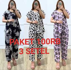 PROMO 100RB 3SETEL PIYAMA MOTIF BUNGA KARAKTER CELANA PANJANG//SET PIYAMA KULOT LEMBUT