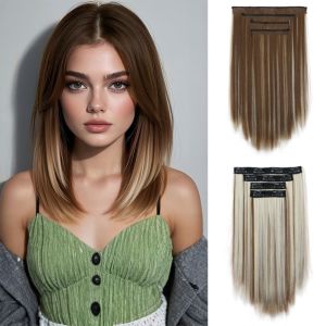 OMQAIO 4Pcs/set 14Inch Clips in Hair Extensions Simulated Synthetic Brown Blonde Hairpieces Natural Invisible Short Straight Hairstyle for Women