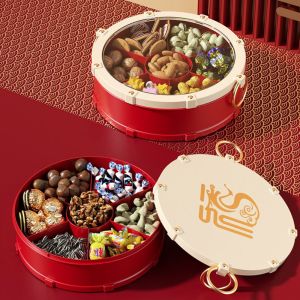 YERZ Round Drum Shape Nut Serving Tray 7-Compartment Dustproof Fruit Plate Multi-functional with Lid New Year Candy Box Wedding