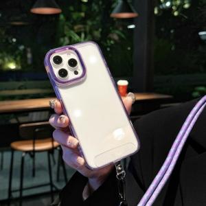 HD Clear Case iPhone 11 12 13 14 15 16 pro max 16 plus Candy Color Silicone Bumper Shockproof Casing iPhone 11 12 13 14 15 16 pro max 16 plus Transparent Hard back match Adjustable Diagonal Sling Nylon Mobile phone lanyard