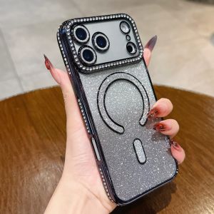 Glitter Gradient Magnetic Phone Case For iPhone 18 Pro Max 17 air 16 plus 15 14 Bling Rhinestone Camera Frame Shockproof Protective Cover Electroplated Edge Slim Casing For Women Girls