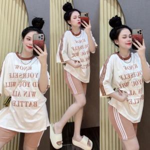 Terno for Women Korean Loose V-neck Printed T-shirt + Shorts Two Piece Sets Casual Outfits for Women