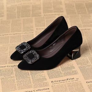 Free Shipping WomenS High Heels Spring And Autumn Collection Thin Heels Rhinestone Embellishments Soft Suede Material Comfortable To Wear Elegant Pointed-Toe Design Square Buckle Stylish New Model
