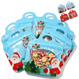 UNIITY 10PCS Cửa sổ trong suốt Túi đựng đồ ăn vặt Giáng sinh có tay cầm Có thể đóng lại Túi quà tặng Nhựa Túi đựng bánh quy Đồ dùng trang trí cho tiệc Giáng sinh.