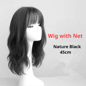 Korean Curly Wigs for Women Female Medium Long Hair with Bangs Full Head Cover Natural Fluffy Wig 45cm