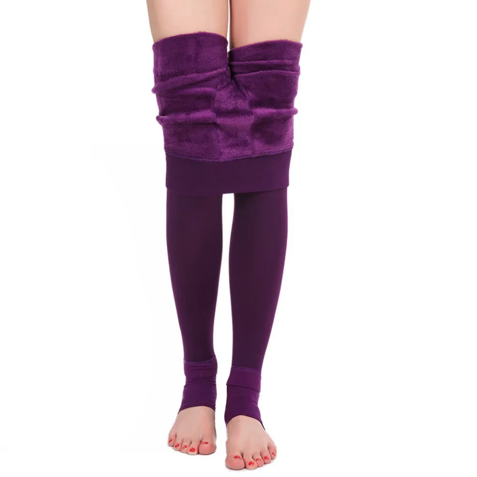 Women's Plus Size Purple Footed High Waist Thick Fleece Lined Tights,  Winter Warm Leggings