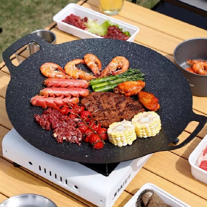 Barbecue Pan Korean BBQ At Home Eat Broadcast Same Barbecue Pan Cassette Grill Stone Round Flat Baking Teppanyaki Wholesale Outdoor BBQ Cookware Plate Maifan Stone Cookware Cooking Frying Fry Dishes S...