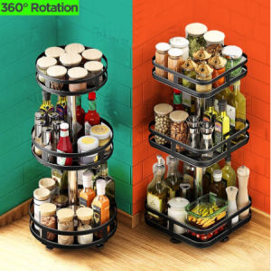 2/3 Tier 360° Round Rotatable Spice Rack Carbon Steel Detachable Kitchen Organizer Multi-purpose Storage Shelf