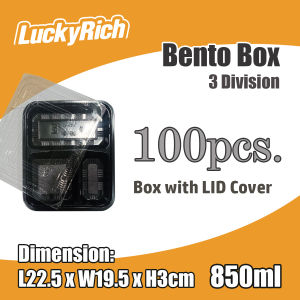 LuckyRich - Bento Box 3div 850ml 100pcs Plastic Food Container with lid cover