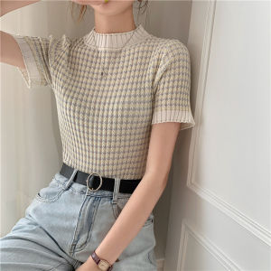 🎀 SIS Women Printted Round Neck Short Sleeves Tops Summer Knitted Blouse