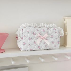 XIAHU Portable Makeup Bag Cute Bow Multifunctional Cosmetic Organizer  Pink Lace Handbag Travel