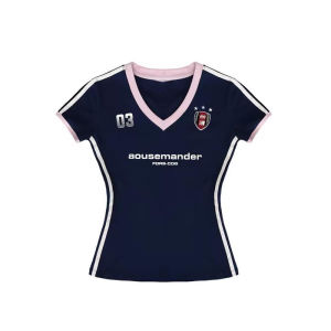 📌Lan เสื้อยืดคอวีย้อนยุคเสื้อยืดแขนสั้นพิมพ์ลายกีฬาสลิมฟิตติ้งด้านบน