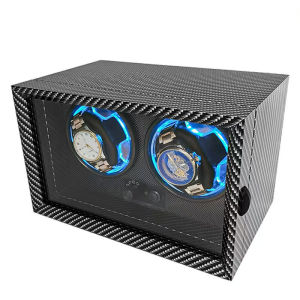 ไฟLED กล่องหมุนนาฬิกา 2 เรือน วอลนัทสีดำไม้ Watch Winder กล่องนาฬิกา กล่องหมุนนาฬิกาอัตโนมัติ ห้าเกียร์ปรับได้