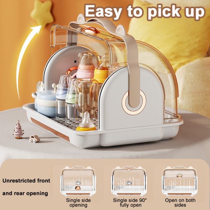 Baby Bottle Storage Box with Lid, Dustproof Water Cup Drainer Shelf