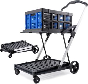 2 Tiers Folding Shopping Cart with Storage Box Outdoor Storage Cart Travel Trolley Portable Multi Use Two Tier Collapsible Cart Heavy Duty Large Capacity for Picnic Groceries Warehouse Supermarket and Office